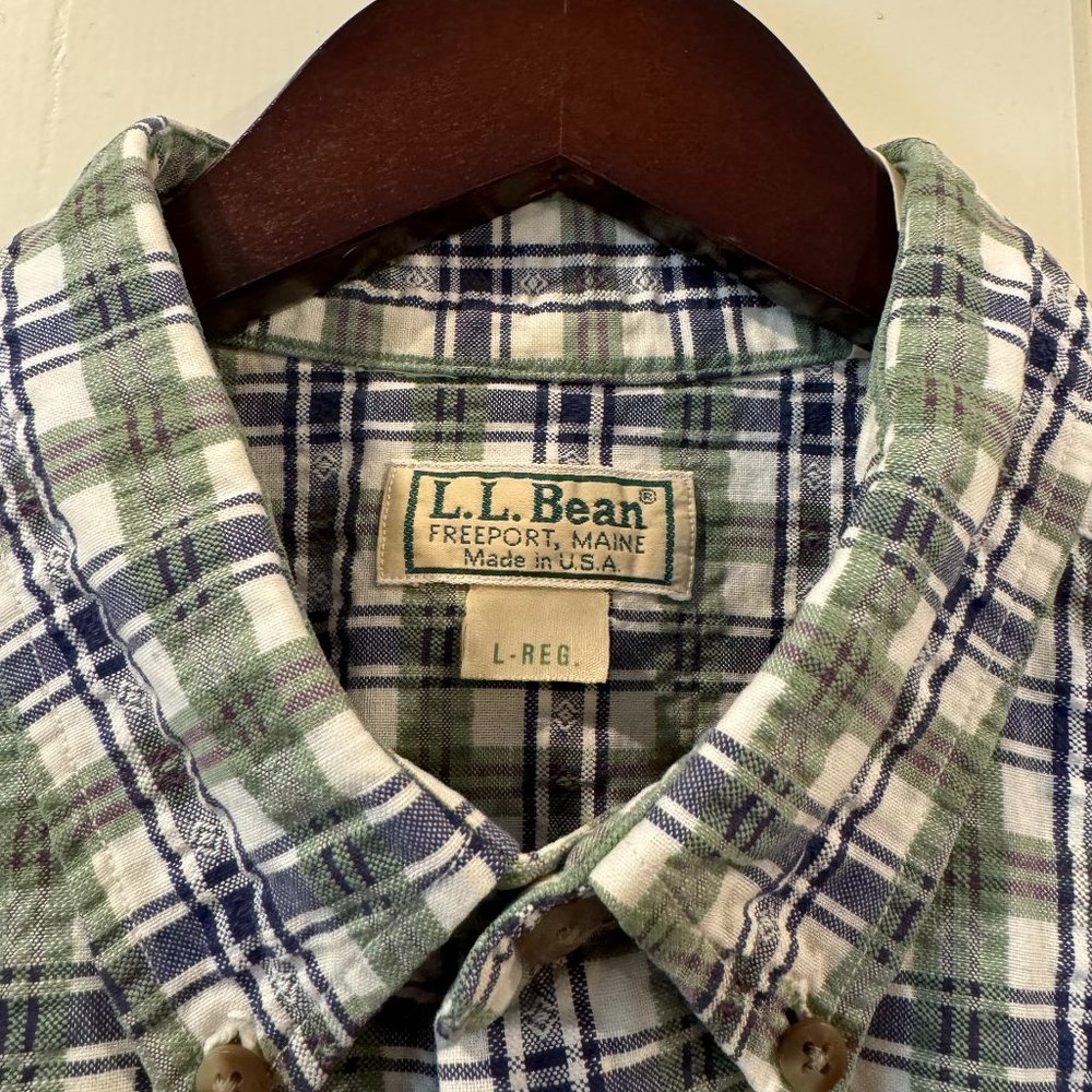 Vintage LL Bean Mens Shirt Blue Green Plaid 100% Cotton S/S Button Down Size L